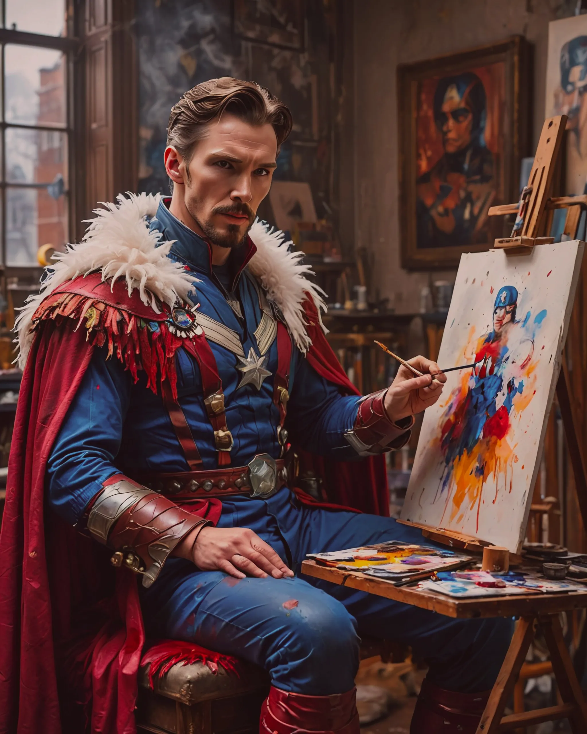 Dr. Strange as an artist with a paintbrush and palette, painting a portrait of Captain America who is sitting in the art studio wearing a feather boa and tiara.