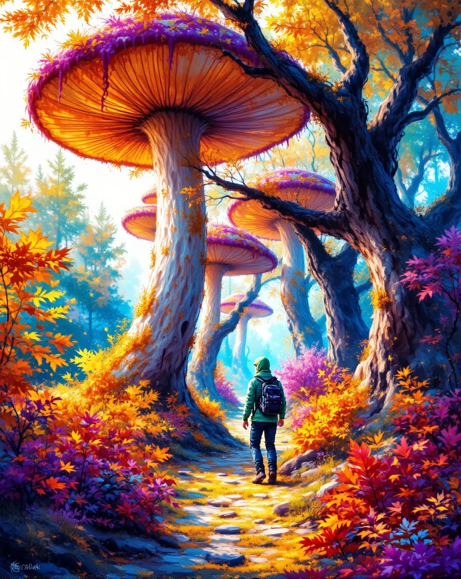 A vibrant, fantastical forest - Free AI Photo Generator - starryai