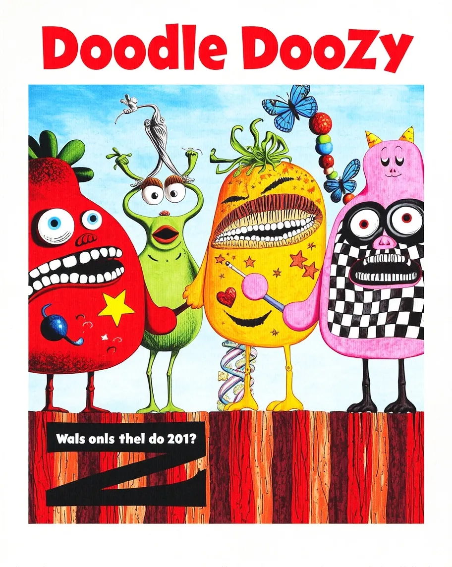 Create an ultra-vibrant, whimsical doodle-style illustration titled "Doodle Doozy." The scene should be four creatures holding hands with imaginative, quirky, and playful characters—like wide-eyed monsters, grinning clouds, dancing plants, and mischievous animals with exaggerated features. Use bold, saturated colors and an explosion of abstract shapes, swirls, stars, hearts, rainbows, blue butterflies, and checkerboard patterns. and energy, showcasing expressive faces, odd limbs, and surreal details. The overall tone must be joyful, chaotic, and cartoonishly surreal—like a creative brainstorm exploded on paper. The background should shimmer with gradients and layered patterns, making the whole composition pop with high contrast and texture. Aim for something that could win first prize on ArtStation for originality and visual overload.