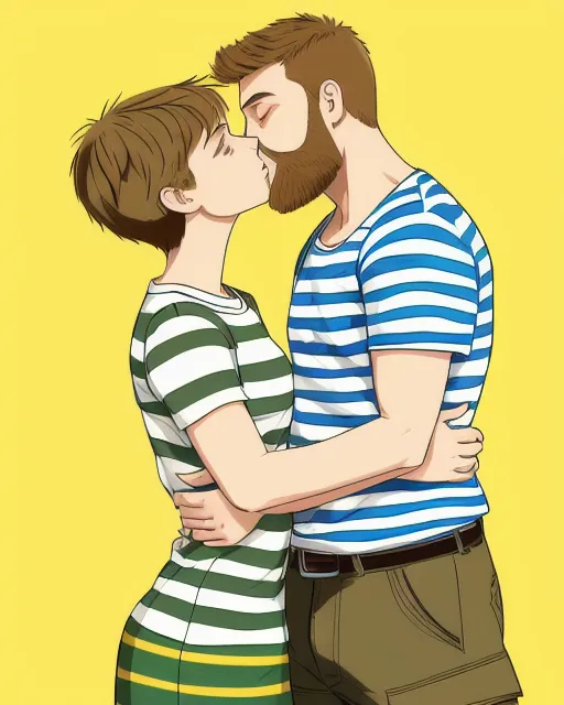 Stocky build young man, short light brown hair, bearded, blue and white striped t shirt, black cargo pants, kissing with young natural blonde woman, messy short hair, yellow and green polkadot dress, , coloured pencil, oversimplification