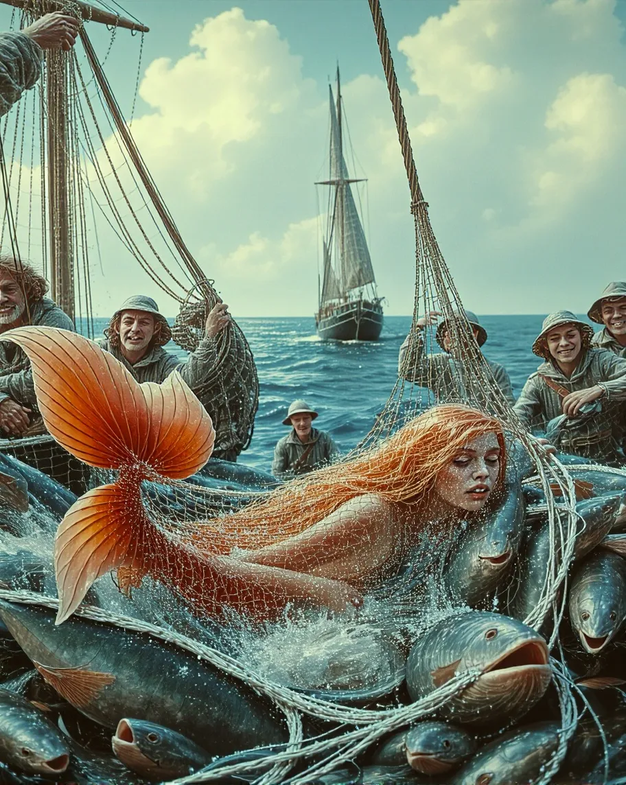A mermaid caught it net a fishing - Free AI Photo Generator - starryai
