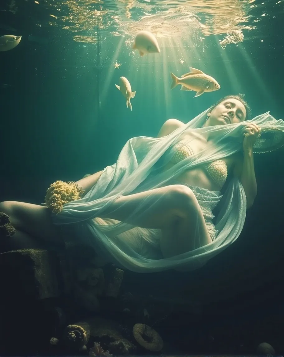 Mermaid, fish, thin flowy fabric, - Free AI Photo Generator - starryai