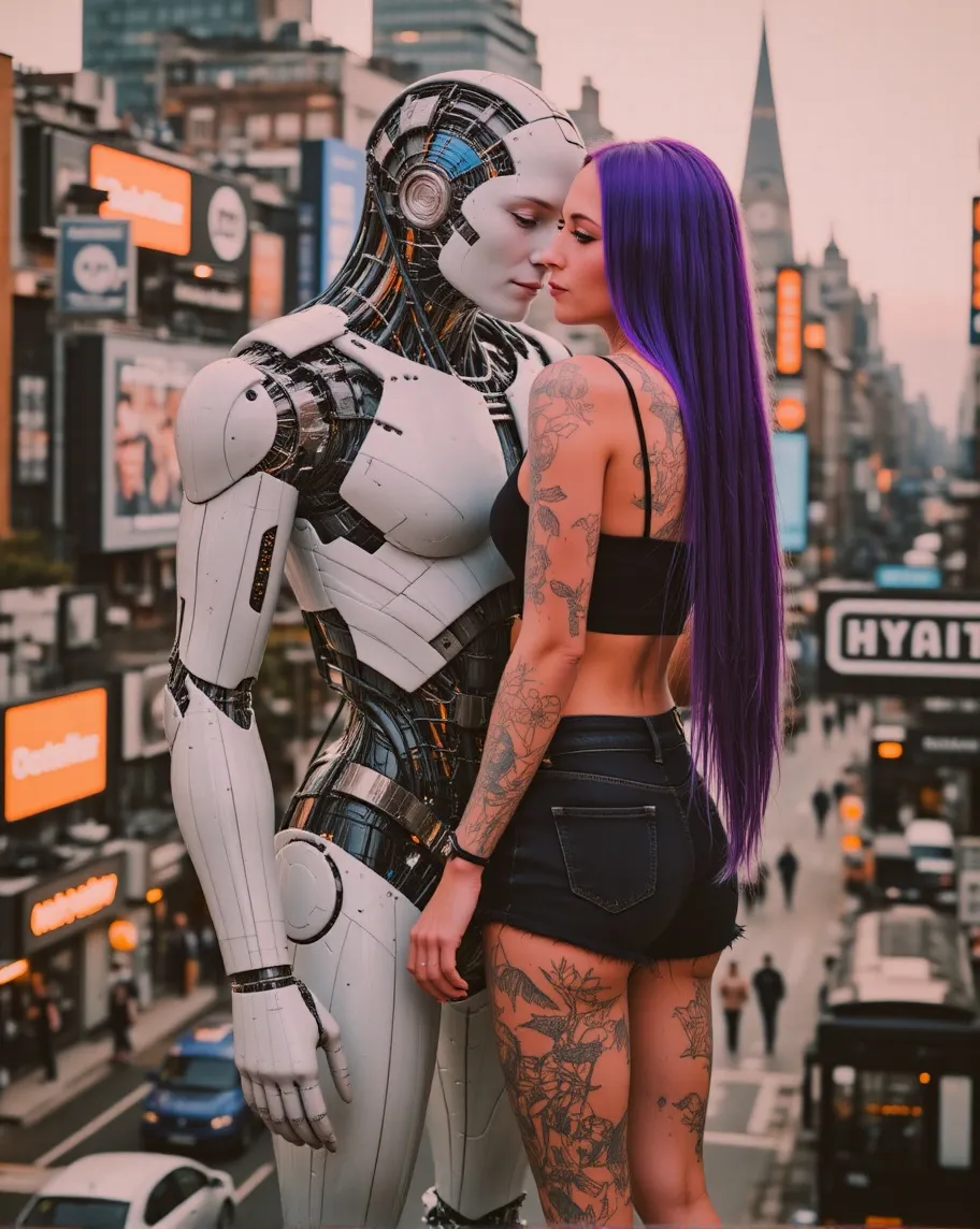 A futuristic city, a loving embrace, a intricately designed manly white robot, the robot has its arms around the woman, hugging, a beautiful slender woman with long flowing purple hair, illusionary tattoos, in black denim shorts and a black top, she has her arms around the robot, holding each other, coexistence, cuddling,loving, caring, friendship, love emanating from them in psychedelic energy, hyper detailed, hyper realism, 8K
