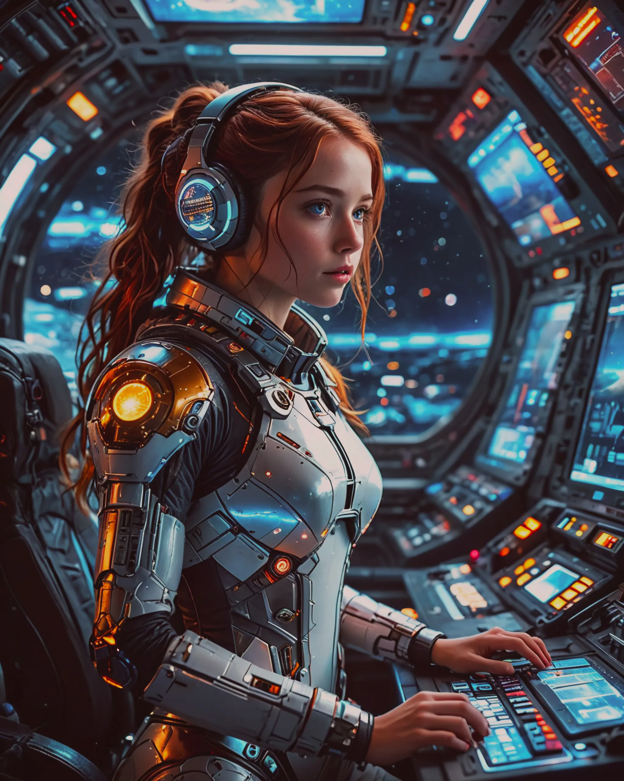 A beautiful young futuristic sci fi space adventurer girl commanding large control deck of a futuristic sci-fi spaceship, many windows, many bright lighted controls, stars and planets outside, crop top, shorts, futuristic, sci fi, sharp focus, bright lighting, High Resolution, Masterpiece, Best Quality, Super Detailed, UHD, Award Winning, White, Silver, Blue, Purple, Black, Orange, Yellow, Green,