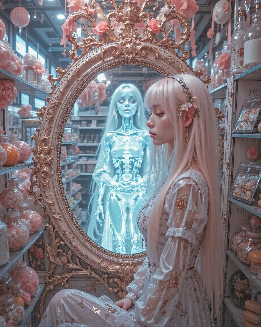 a young woman a candy shop framed - Free AI Photo Generator - starryai