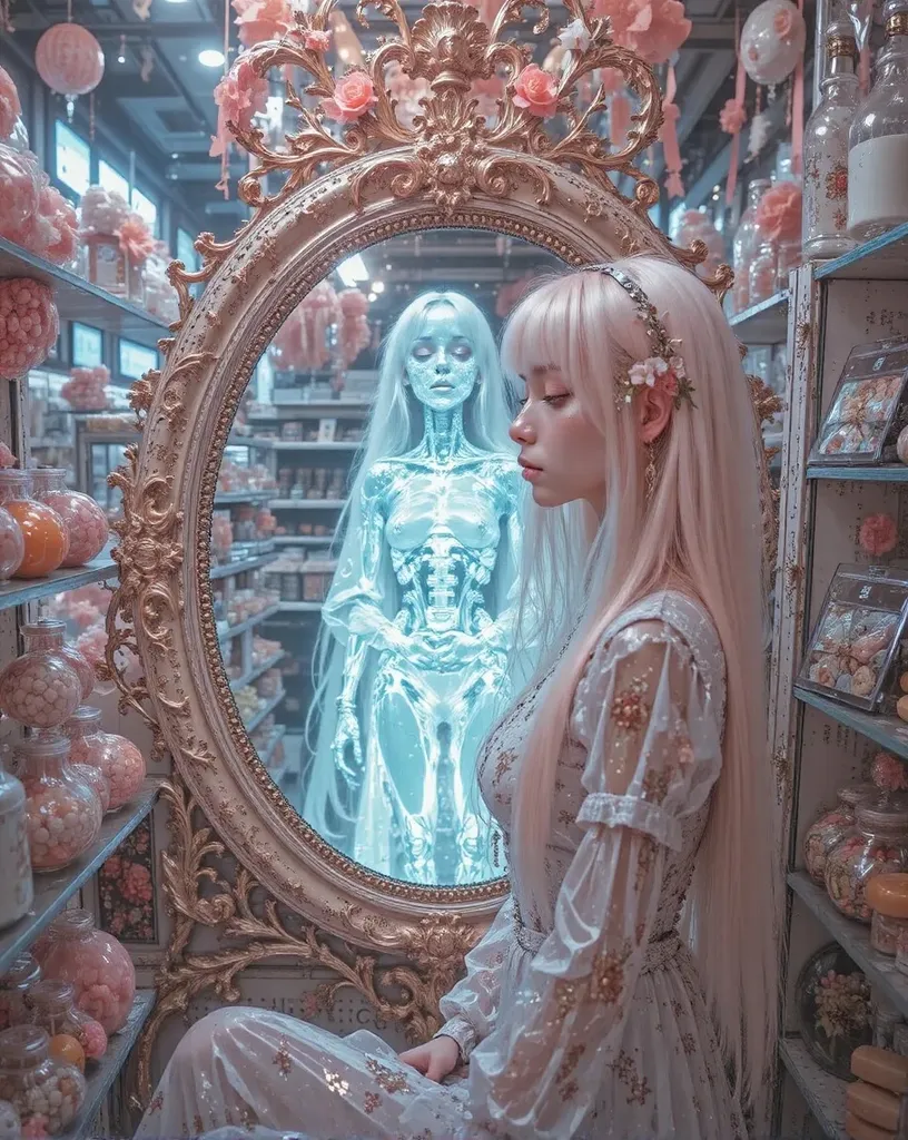 a young woman a candy shop framed - Free AI Photo Generator - starryai