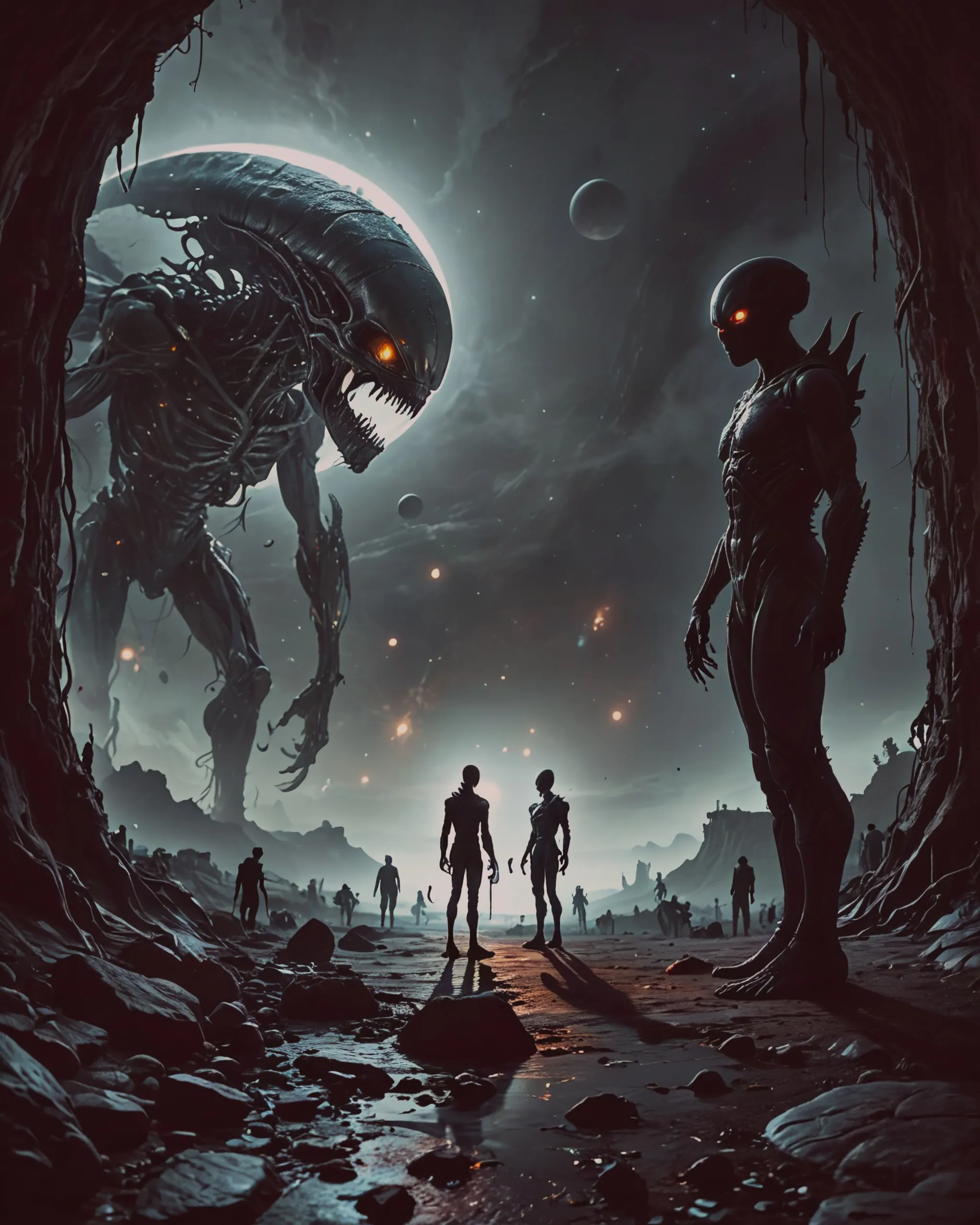 Alien meeting human on luminous - Free AI Photo Generator - starryai