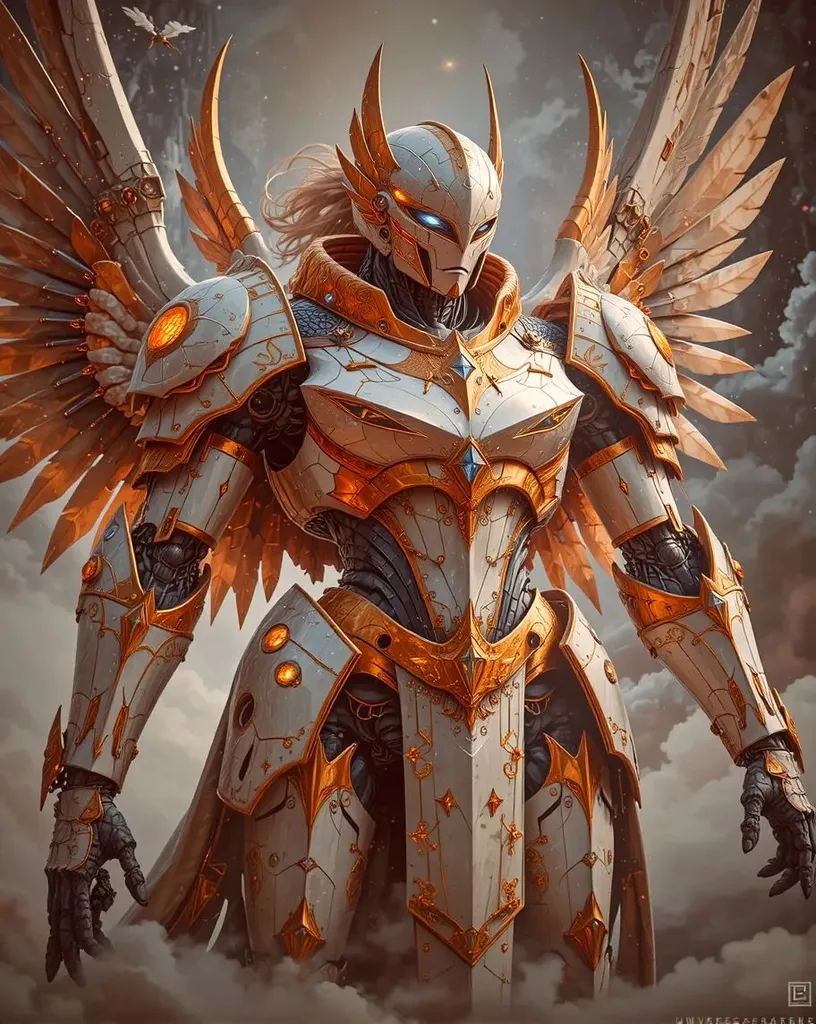A large white gold robotic knight - Free AI Photo Generator - starryai