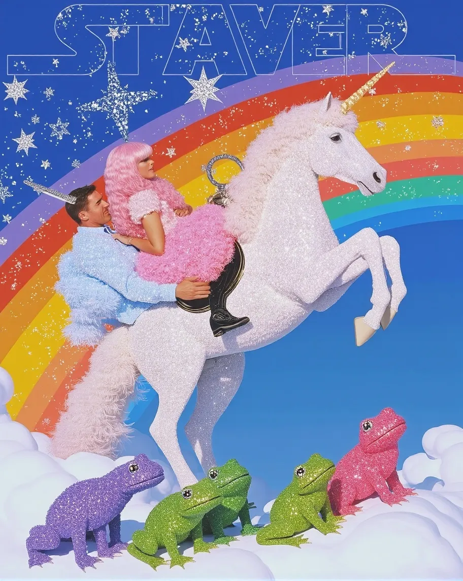 A unicorn riding on a rainbow, - Free AI Photo Generator - starryai