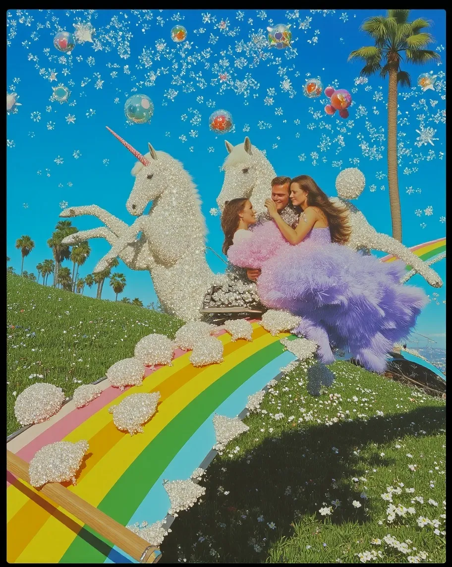 A unicorn riding on a rainbow, - Free AI Photo Generator - starryai