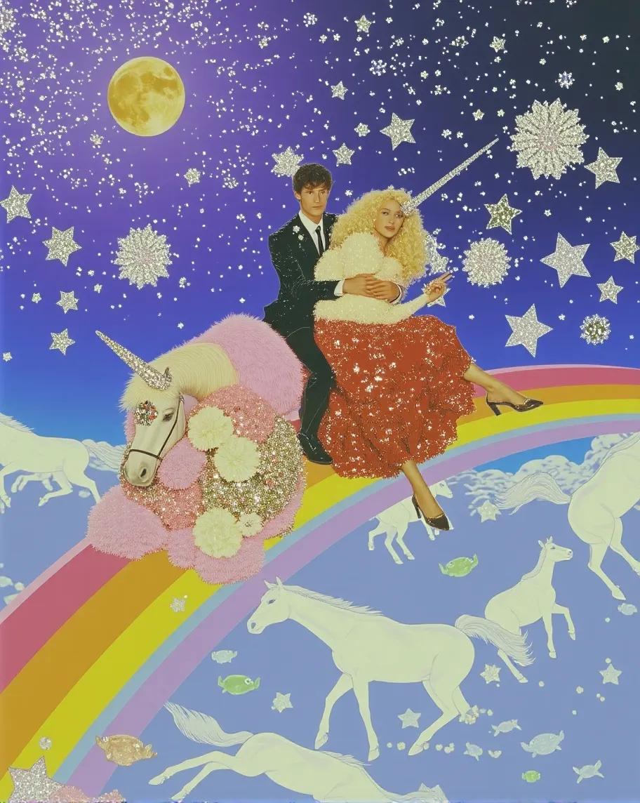 A unicorn riding on a rainbow, - Free AI Photo Generator - starryai