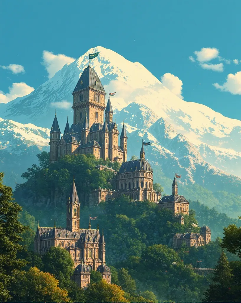 A gigantic mountainscape, castles - Free AI Photo Generator - starryai