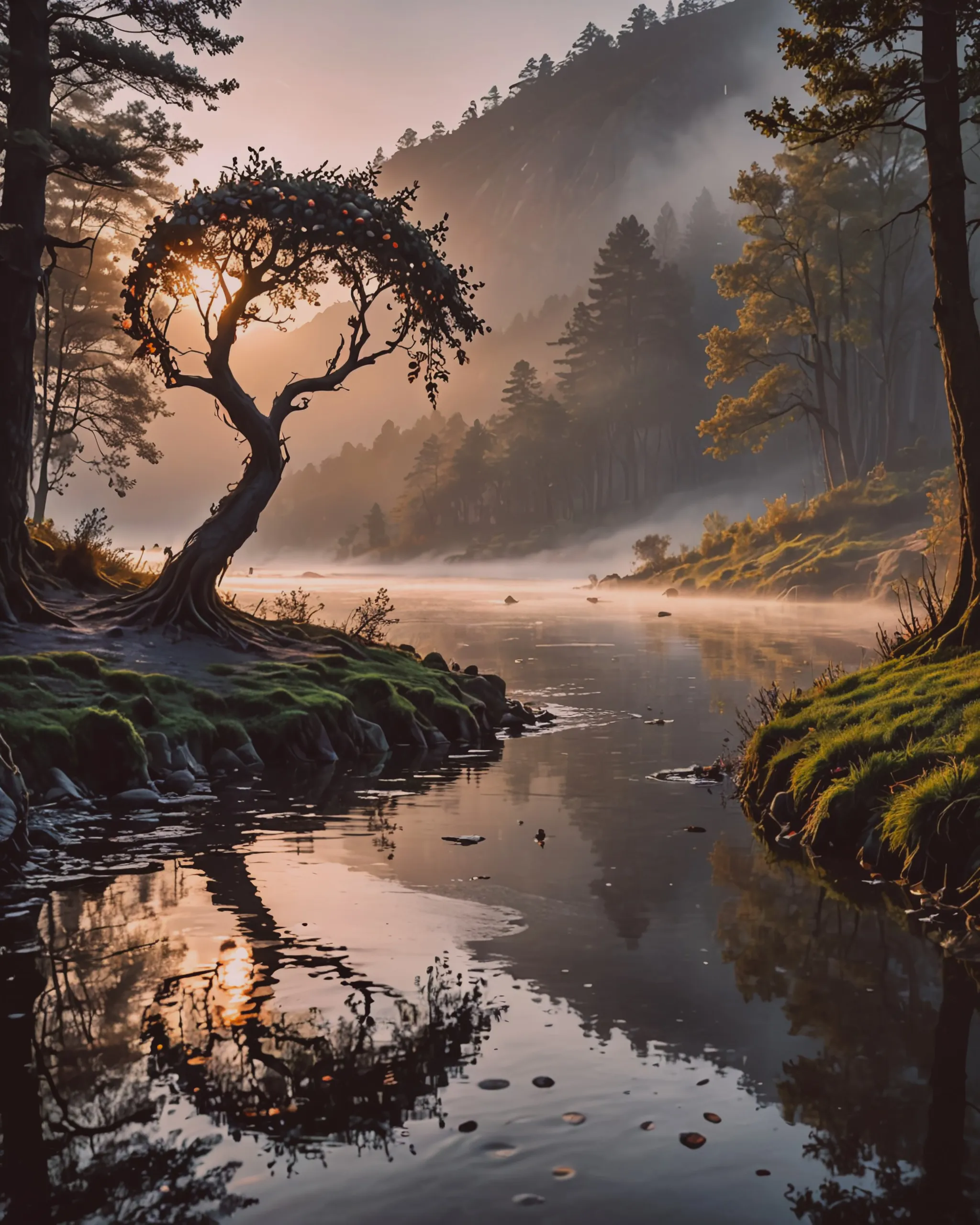 A beautiful landscape a river sun - Free AI Photo Generator - starryai