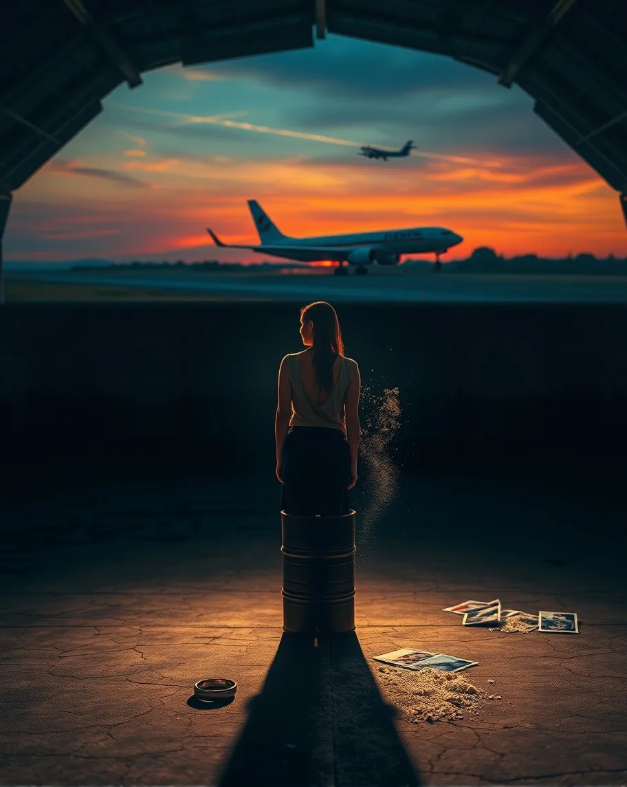 A solitary woman standing hangar - Free AI Photo Generator - starryai