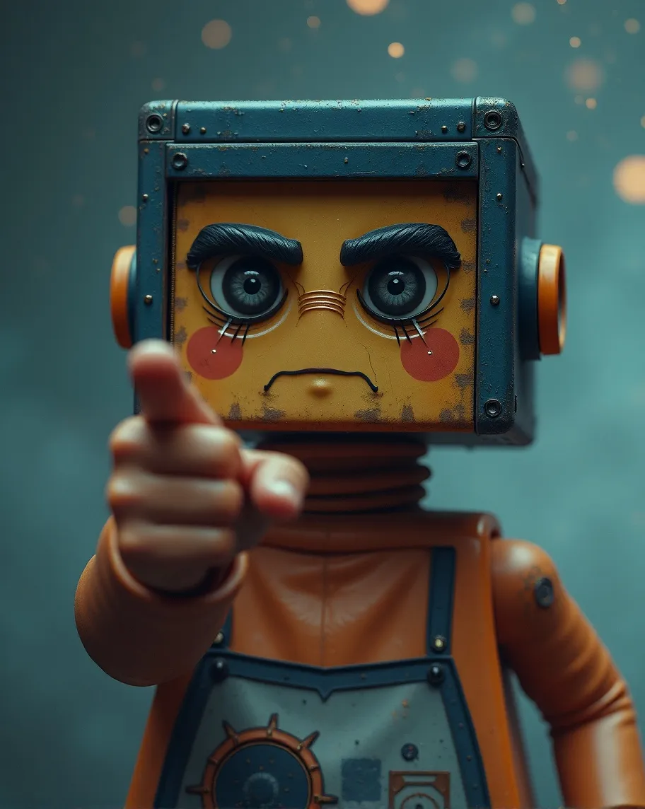 Square-headed lego idiot pointing - Free AI Photo Generator - starryai