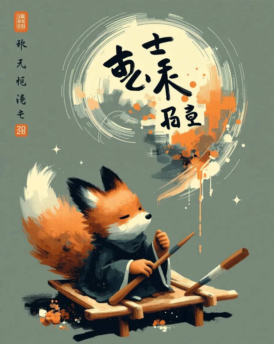 Inquisitive calligraphy fox, - Free AI Photo Generator - starryai