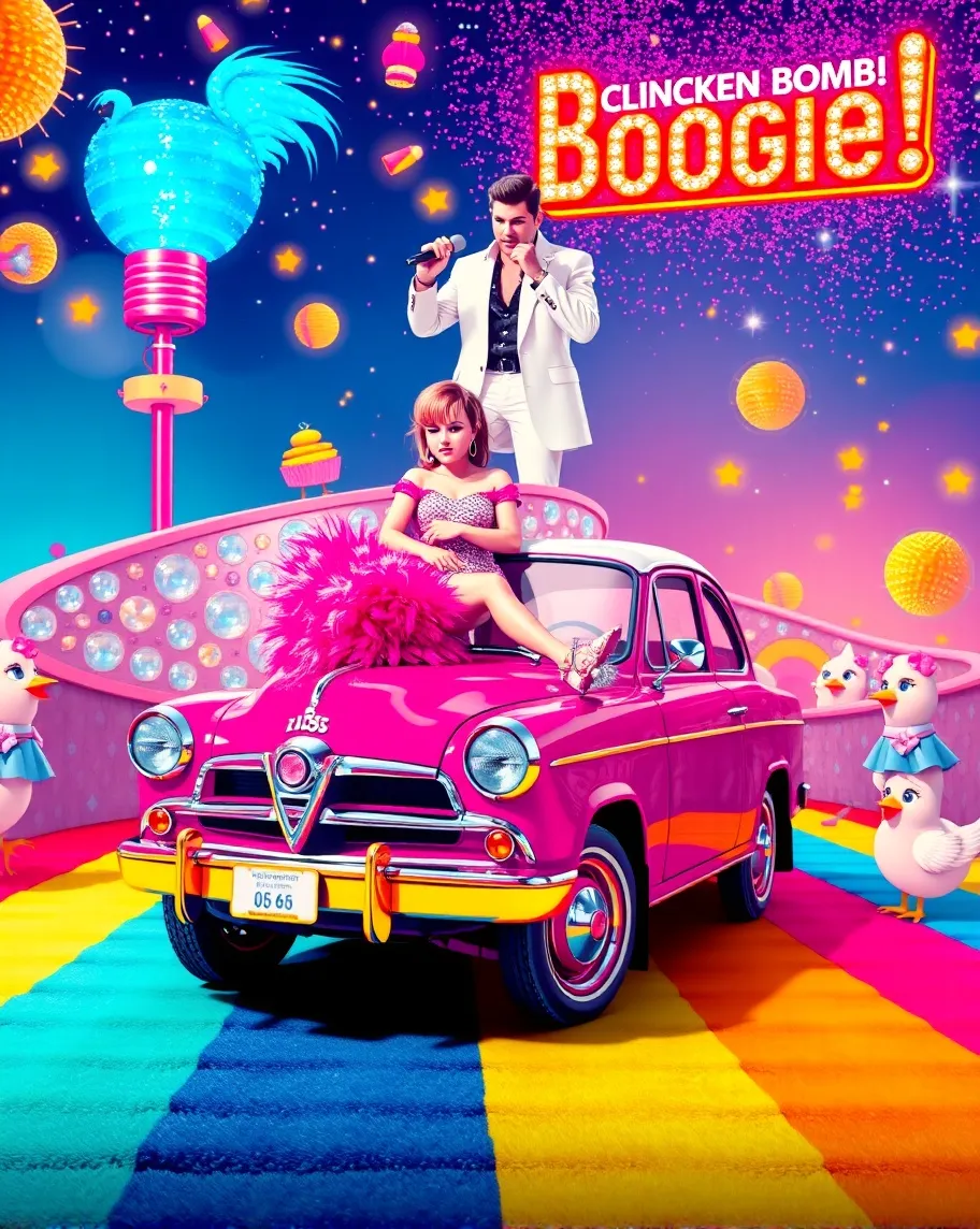 A 1954 Goggomobil T250 in bubblegum pink with gold trim, parked on a rainbow velvet carpet under a disco-ball sky. Jinx (from League of Legends), in a feather boa and glitter boots, is crouched dramatically on the hood, launching her iconic cartoon bombs at a battalion of angry chickens in tutus. Elvis Presley, as a translucent blue hologram in his Vegas white suit, floats above the scene mid-hip-thrust, microphone in hand. Plastic flamingos scatter, cupcakes rain from the sky, and a neon sign behind them flashes ‘Chicken Bomb Boogie!’ while glitter snow gently falls across the chaos.
