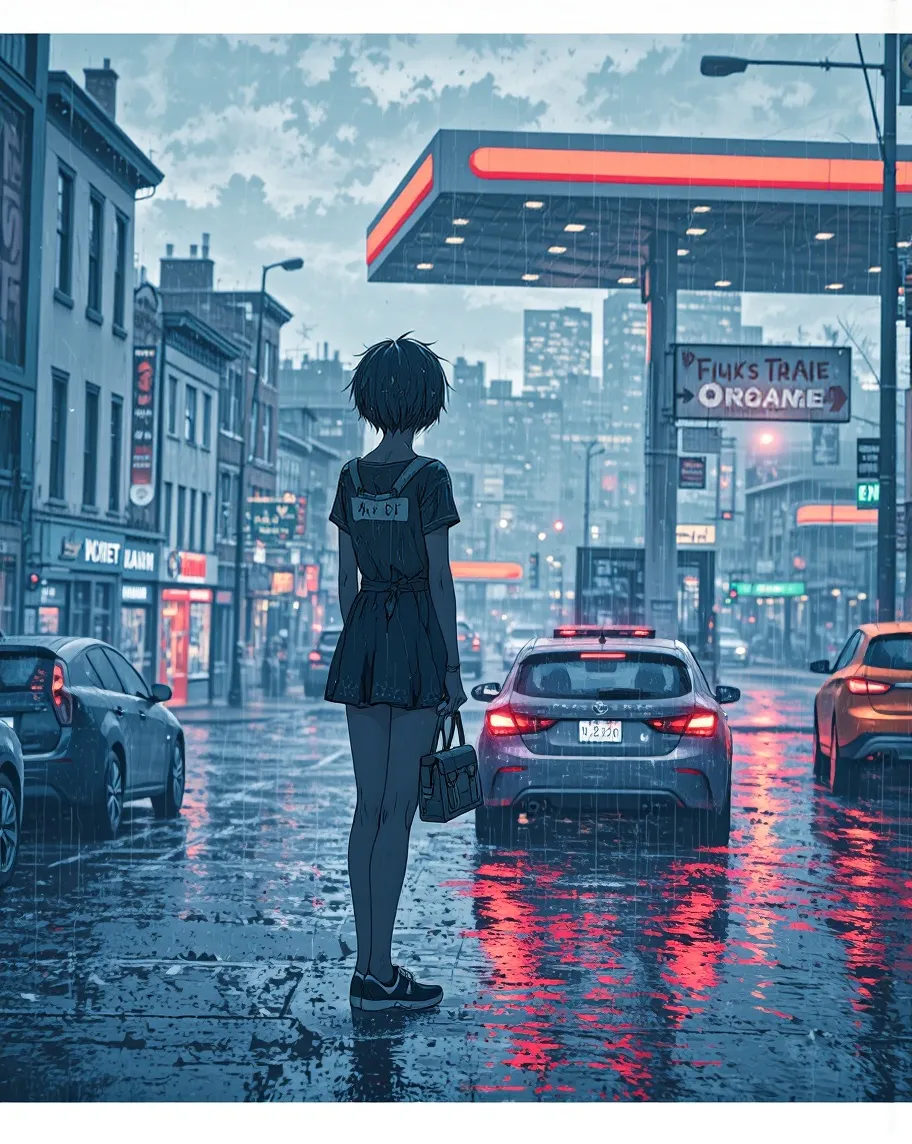 Girl standing on a rainy street, - Free AI Photo Generator - starryai