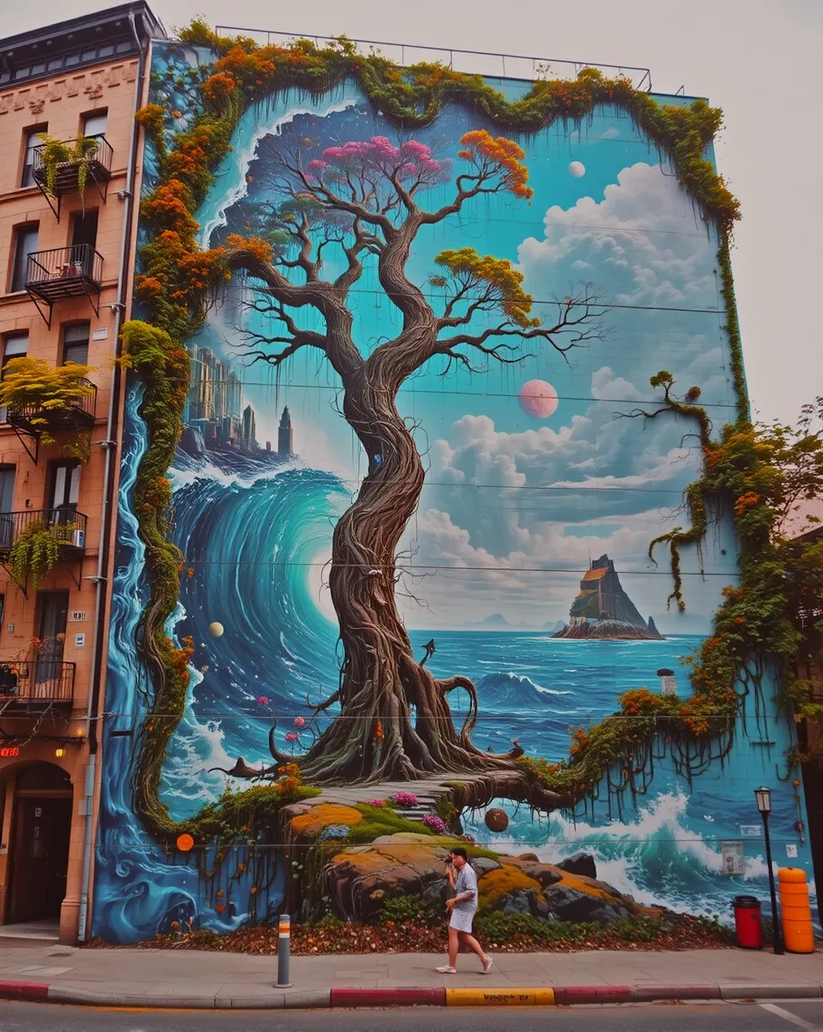 Tree Mural Building A detailed mural a tree, it's on - Free AI Photo Generator - starryai