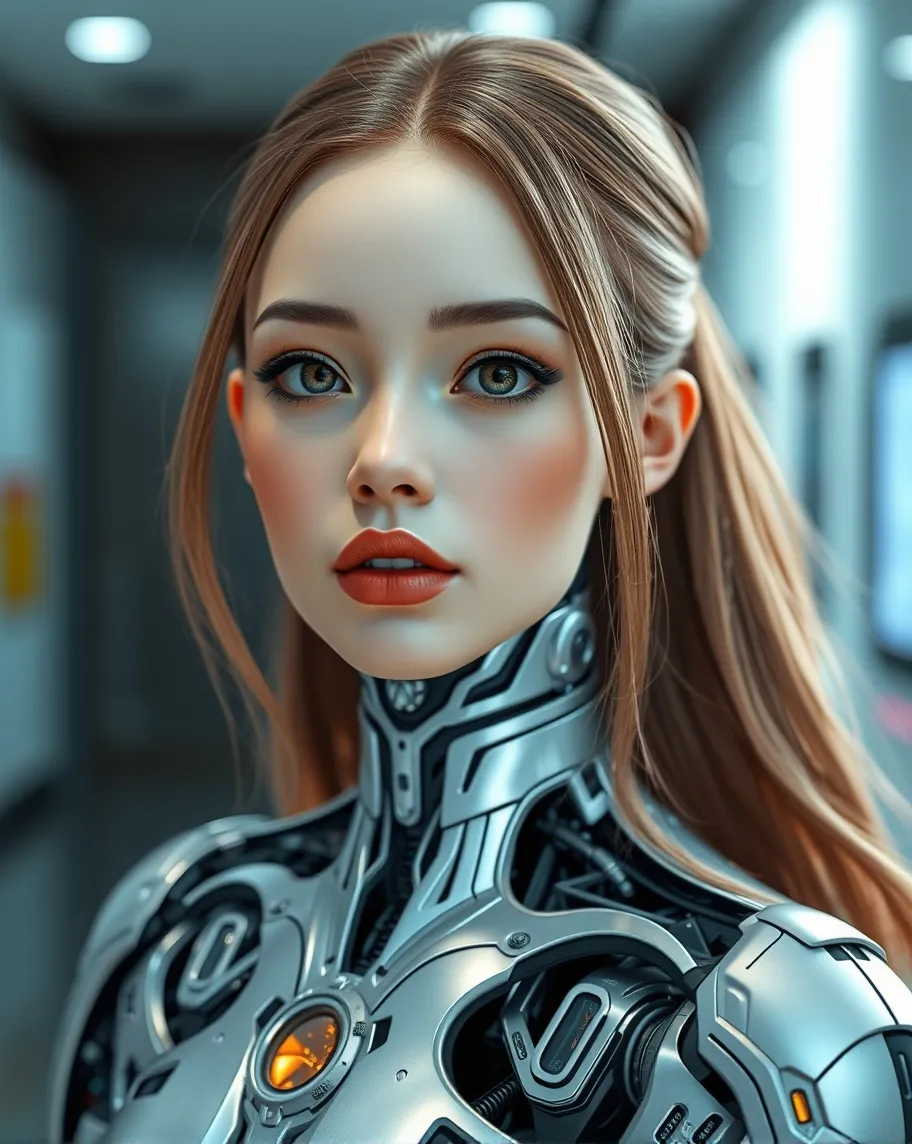 Absolutely beautiful and delicate girl, her head is mounted on a android body, very beautiful and complicated body, super advanced, futuristic body, life like, yet metallic, extra details. She is in a futuristic city reception center, a liaison between human and cyborg