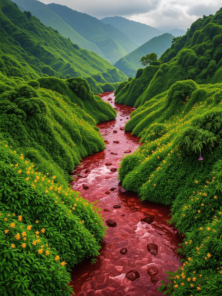 ruby colored rivers flooded lush - Free AI Photo Generator - starryai