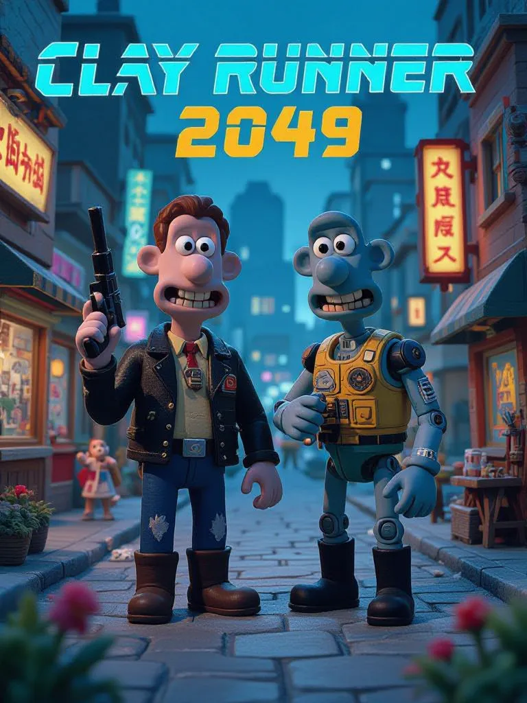 “Clay Runner 2049” blade runner parody where everything is claymation. Wallace and Gromit style colorful clay, cyberpunk inspired color scheme, crazy depth perception and vibrant visuals
