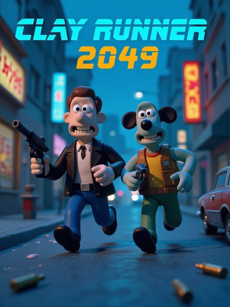 “Clay Runner 2049” blade runner parody where everything is claymation. Wallace and Gromit style colorful clay, cyberpunk inspired color scheme, crazy depth perception and vibrant visuals. Serious expressions, sideways chase scene, horizontal bullets