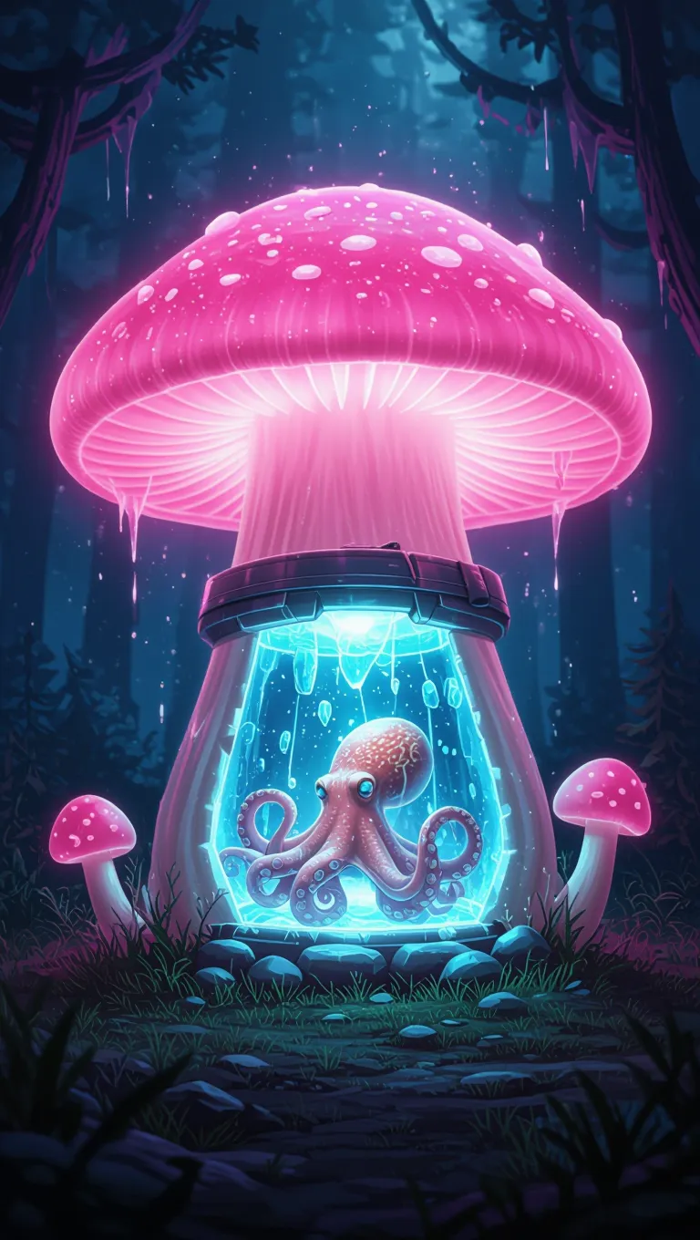 A pink luminescent giant mushroom - Free AI Photo Generator - starryai