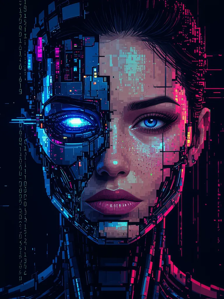 portrait made of big and small pixels, cyborg, her mechanical components exhibit neon-blue and electric-purple cyber glitches, with pixelated distortions in her eye and jagged digital noise across skin. Background features fragmented binary code and static. Style: H.R. Giger’s biomechanical fused with cyberpunk pixel art. 8K