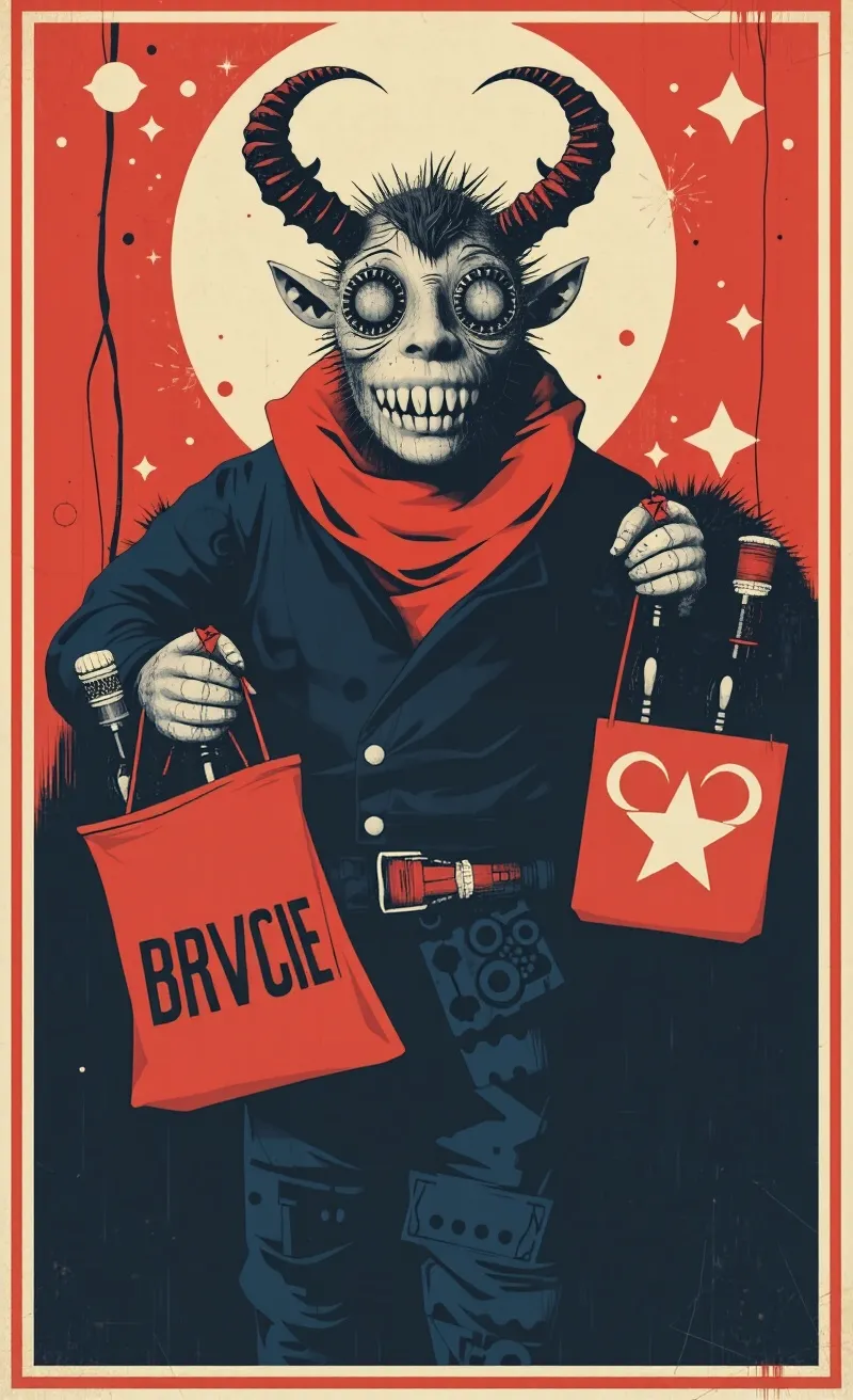 The drunken father, who returned home, stands in the doorway in the image of the devil, holding in his hands a transparent bag with bottles, an image in the style of a Soviet minimalism poster