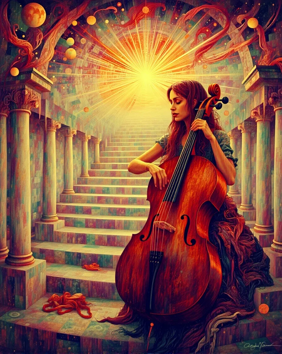 A woman plays a cello while music - Free AI Photo Generator - starryai