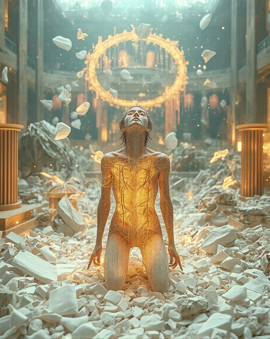 A lone figure kneels middle a but - Free AI Photo Generator - starryai