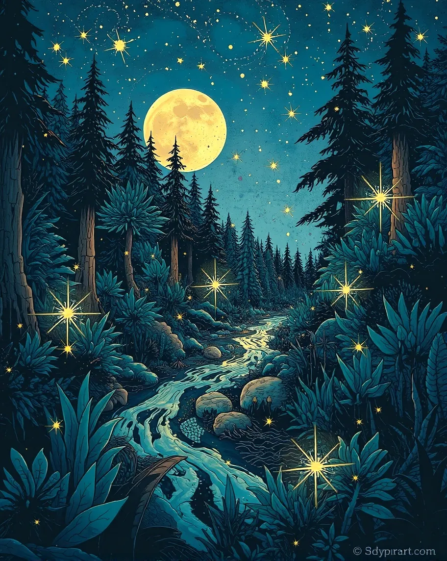 A moonlit forest sparkling - Free AI Photo Generator - starryai