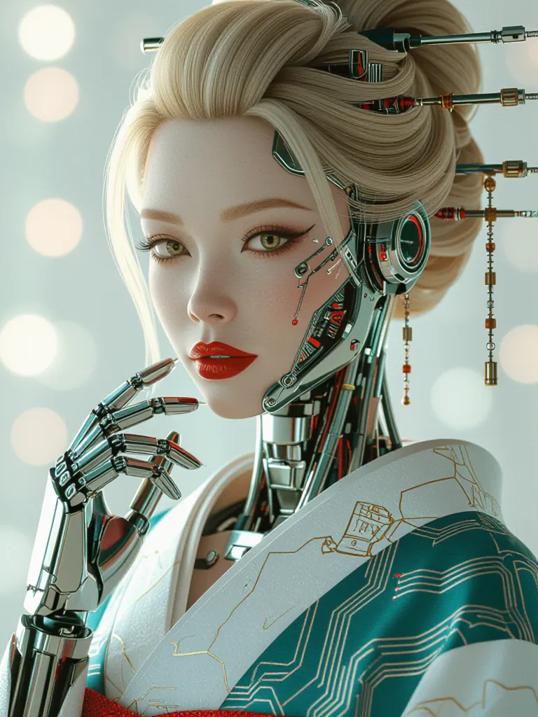 A futuristic cyborg woman with a fair complexion and striking features stands gracefully against a blurred light backdrop. Her face is adorned with rich red lips and dark eyeliner, while her blonde hair, styled in a traditional updo, integrates metallic elements. The intricate network of metallic cables and sensors replaces parts of her neck and head, and one robotic hand with articulated metal fingers contrasts sharply with her kimono-like garment, which combines white and teal fabrics with gold circuit board patterns. The image, digitally created with high detail, uses a balanced lighting to highlight the warm and cool tones, creating a captivating blend of traditional Japanese aesthetics and cyberpunk technology