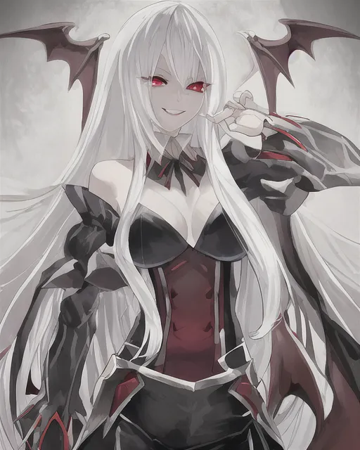 White hair anime girl, vampire, cheeky - AI Photo Generator - starryai