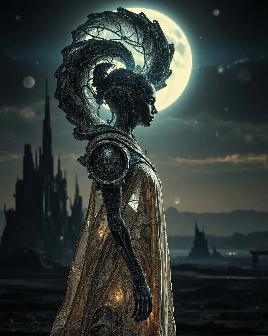 A surreal humanoid figure stands - Free AI Photo Generator - starryai