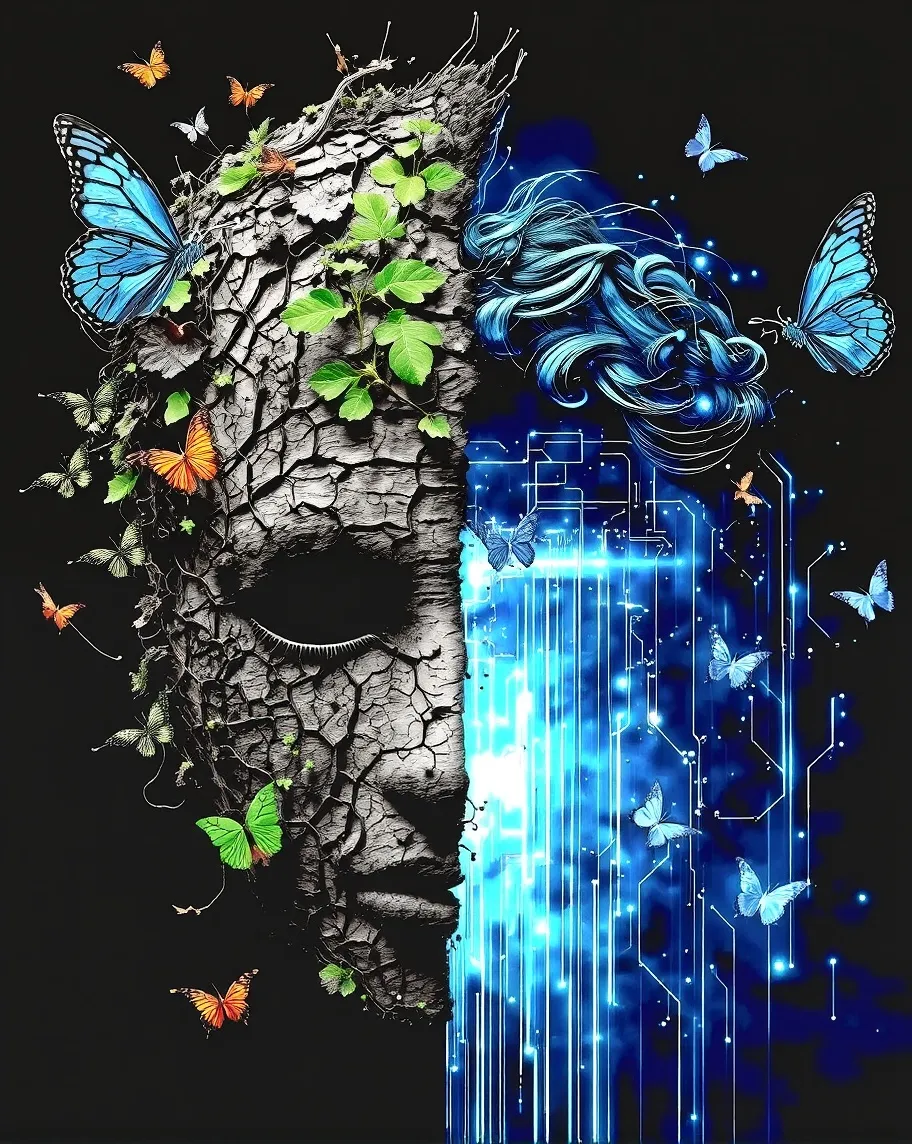 A split-face mask: one half made - Free AI Photo Generator - starryai