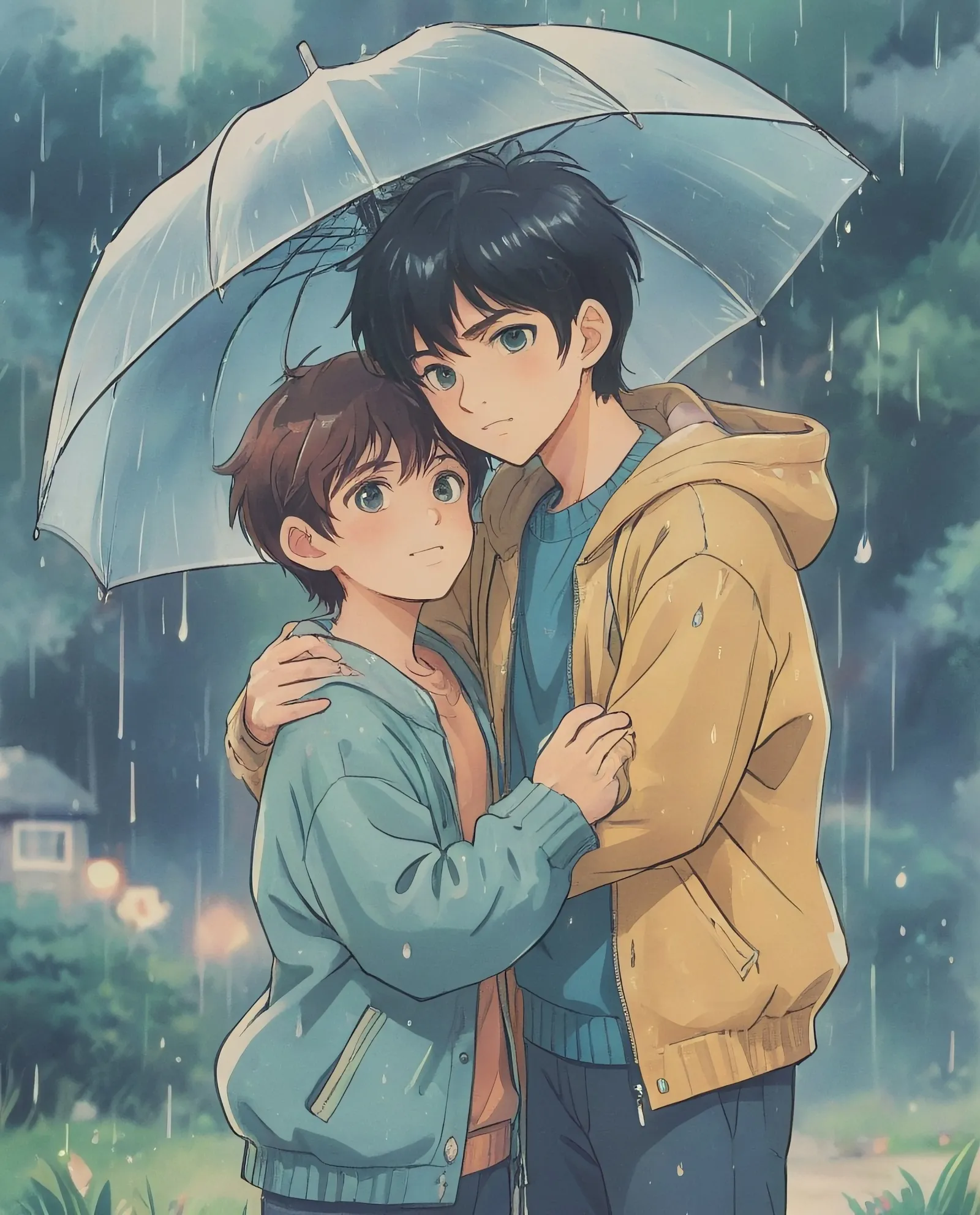 Rainy Day Hug One boy holding - Free AI Photo Generator - starryai