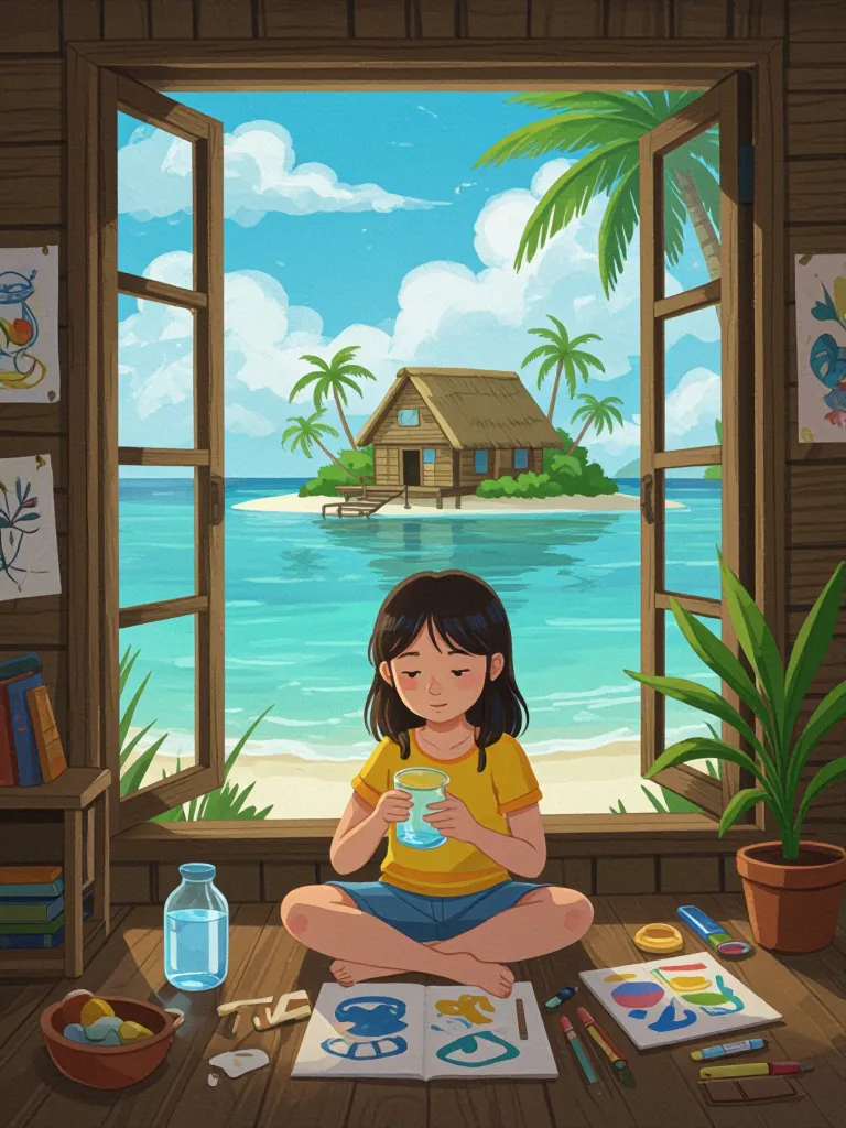 A girl was sit house on island do - Free AI Photo Generator - starryai