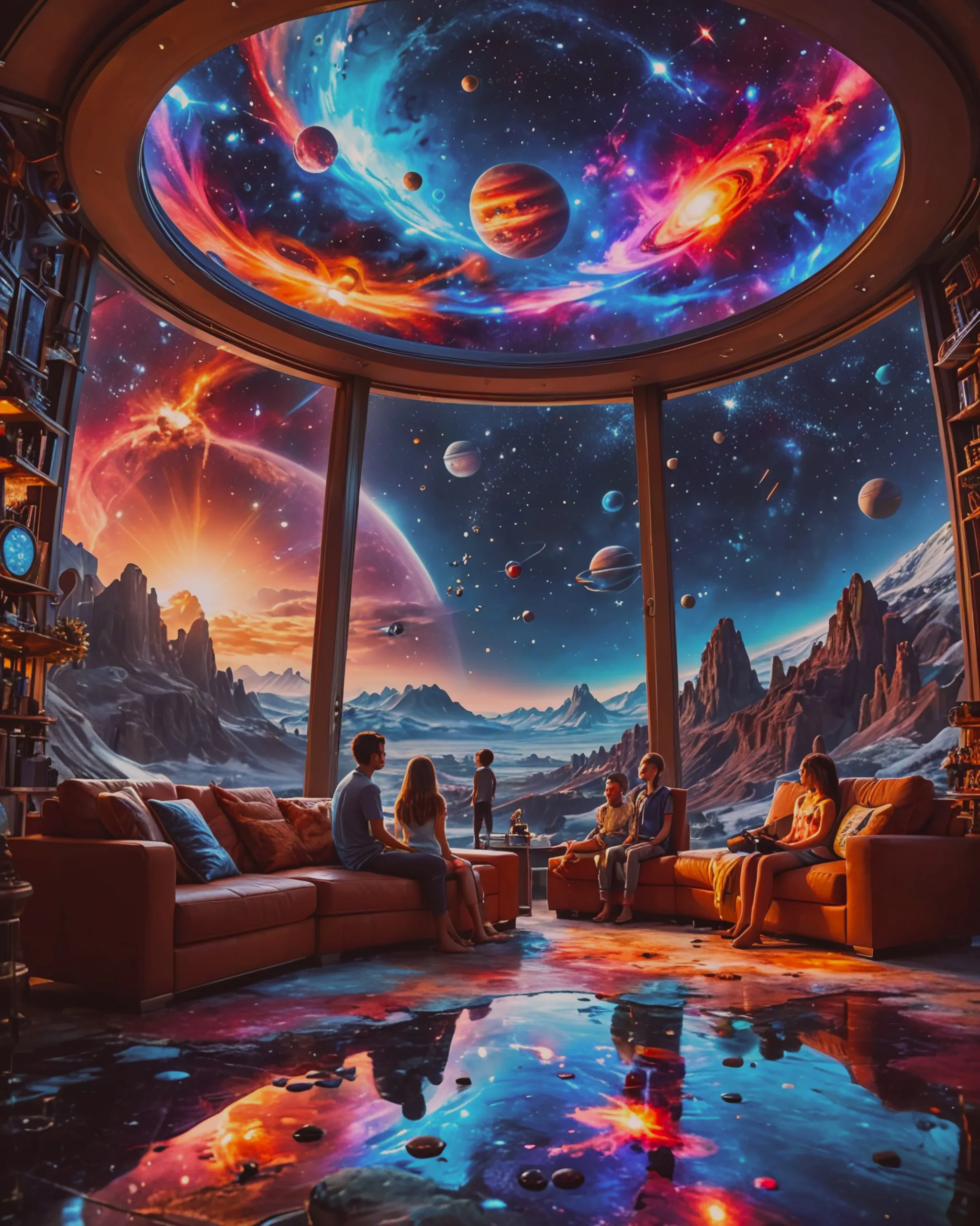 A family sitting inside a ornate - Free AI Photo Generator - starryai