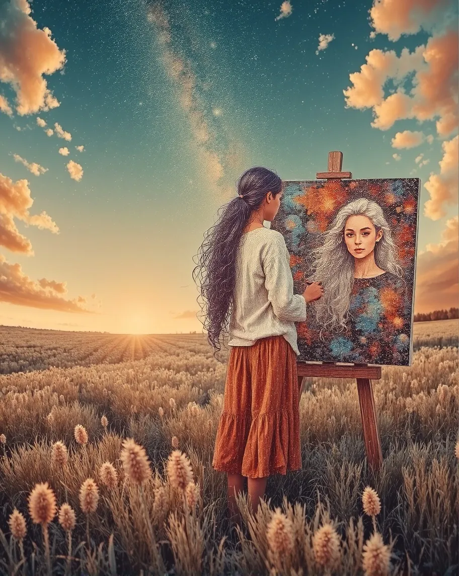 Girl painting on a big canvas a - Free AI Photo Generator - starryai