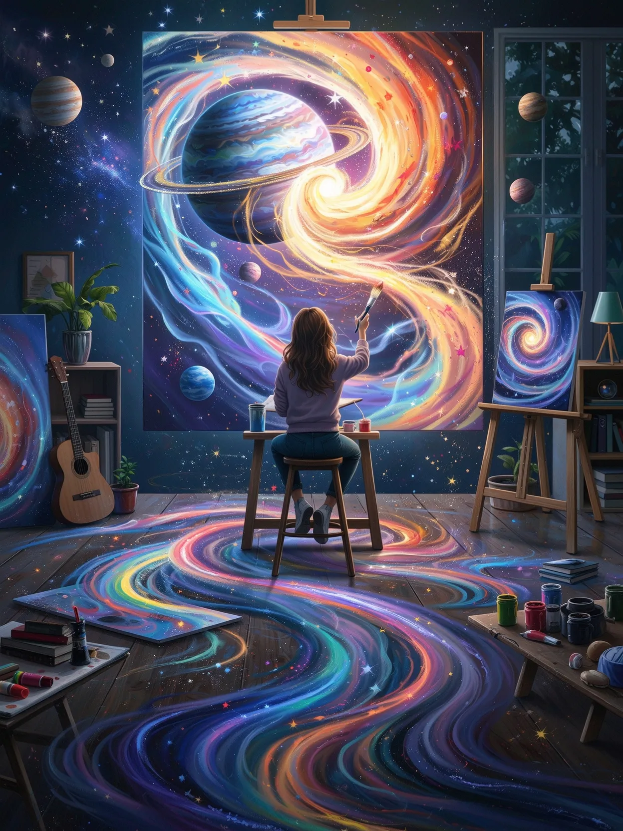 artist long hair sits a celestial - Free AI Photo Generator - starryai