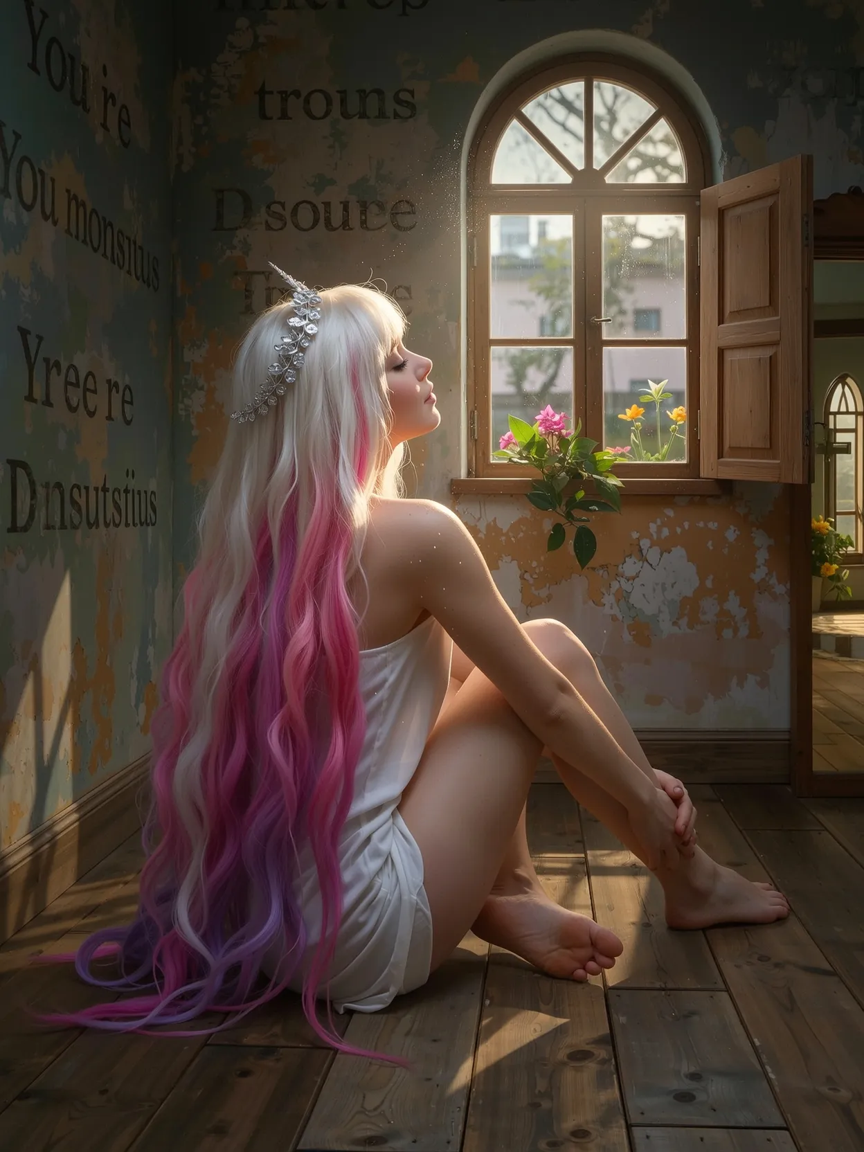 A young woman sits on worn wooden - Free AI Photo Generator - starryai