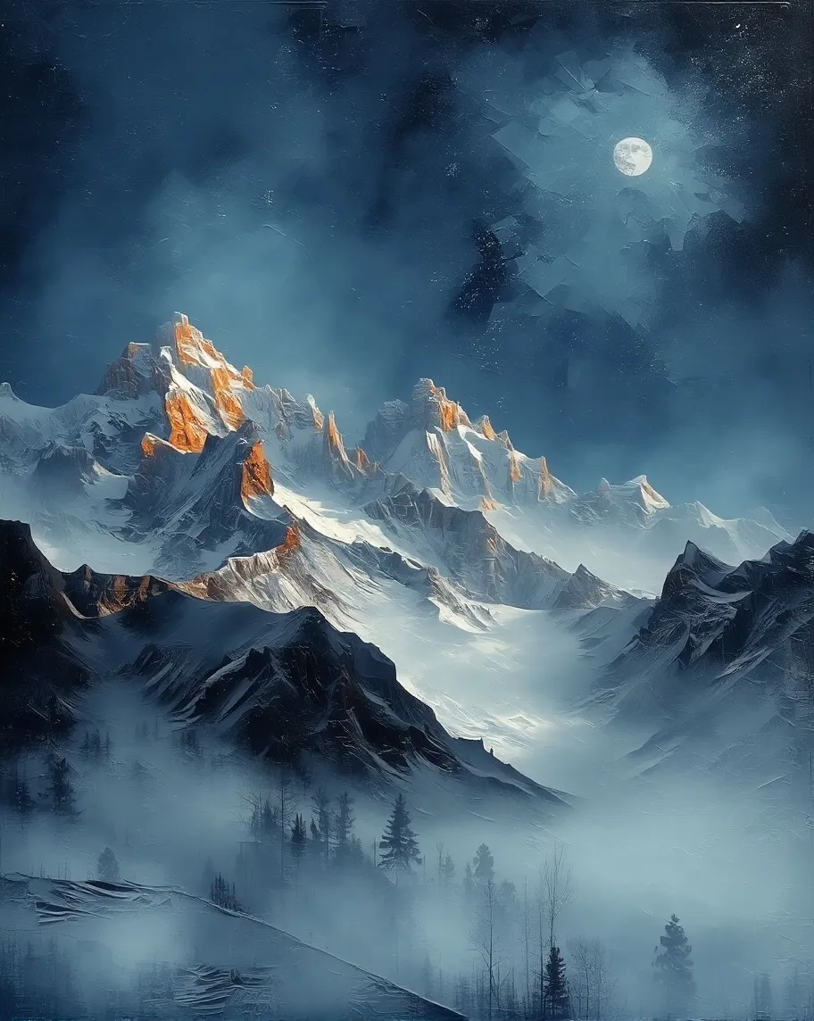 A snowy mountain range at night. - Free AI Photo Generator - starryai