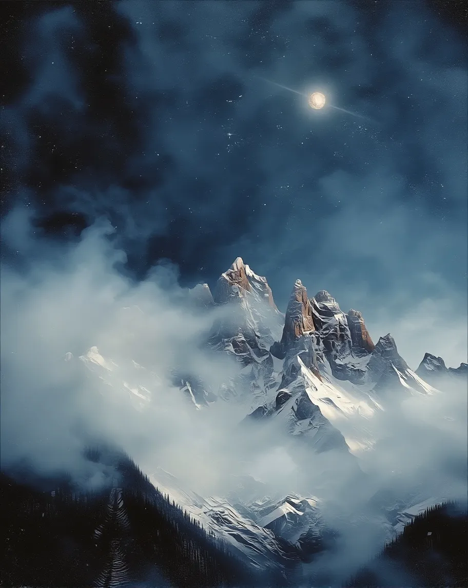 A snowy mountain range at night. - Free AI Photo Generator - starryai