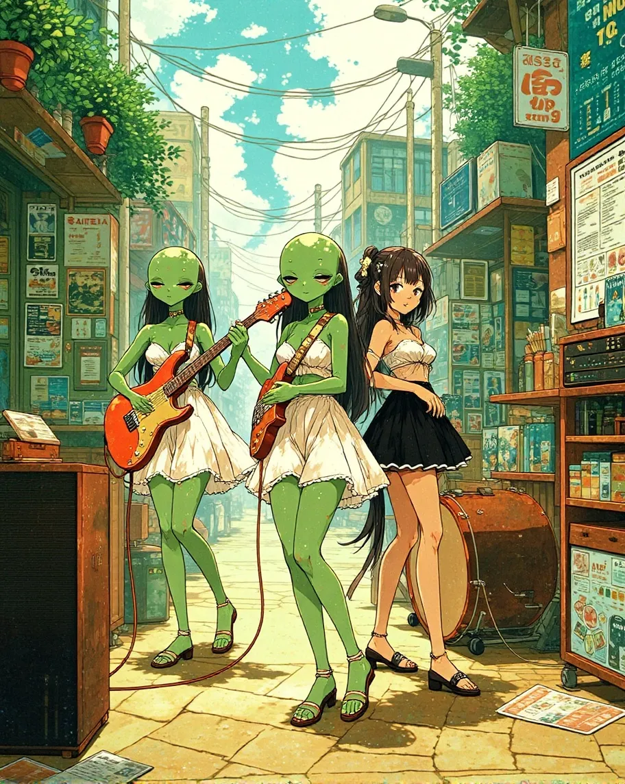 Green alien Anime girls band on - Free AI Photo Generator - starryai