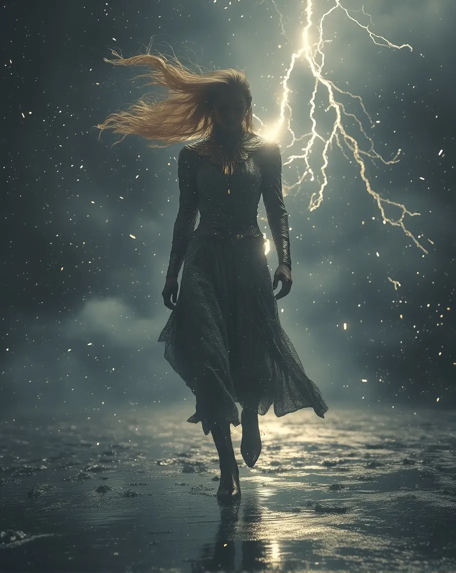 A woman walks defiantly through - Free AI Photo Generator - starryai