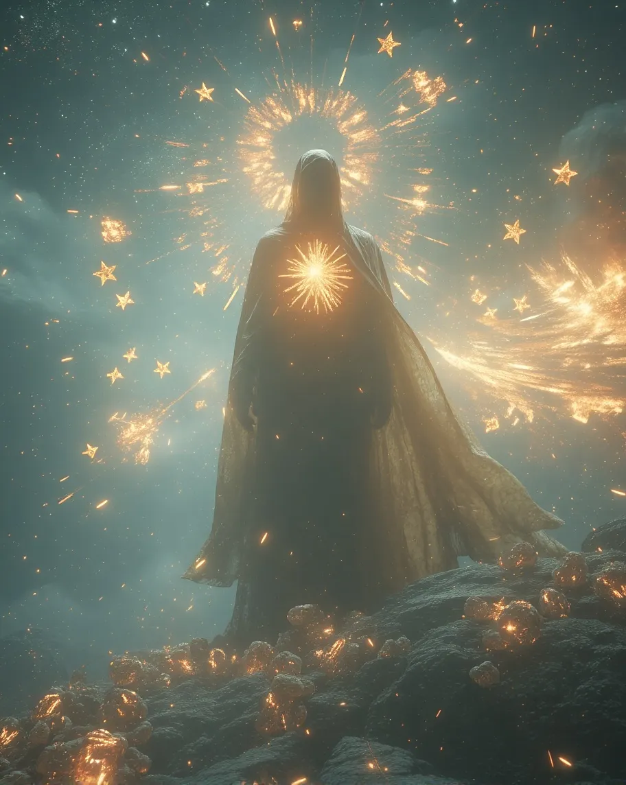 a glowing figure surrounded stars - Free AI Photo Generator - starryai