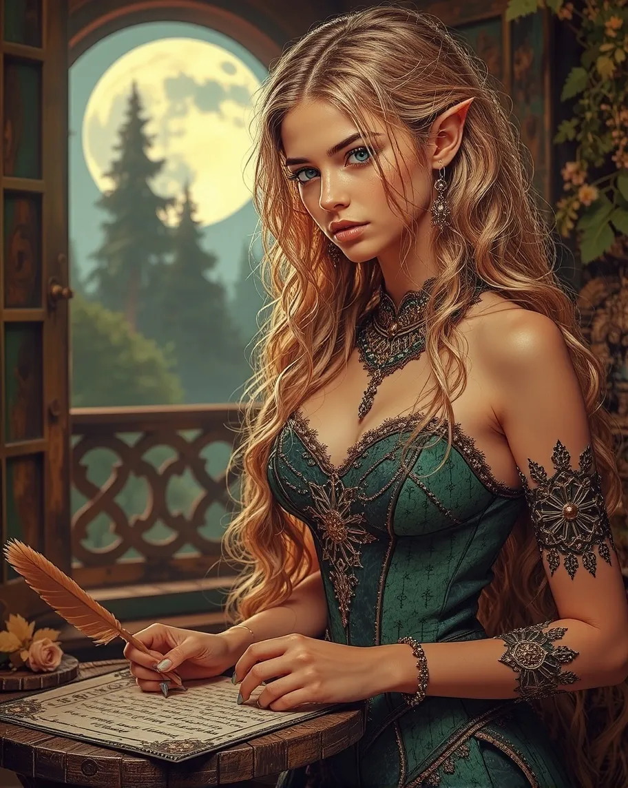 A beautiful elf woman long curly - Free AI Photo Generator - starryai