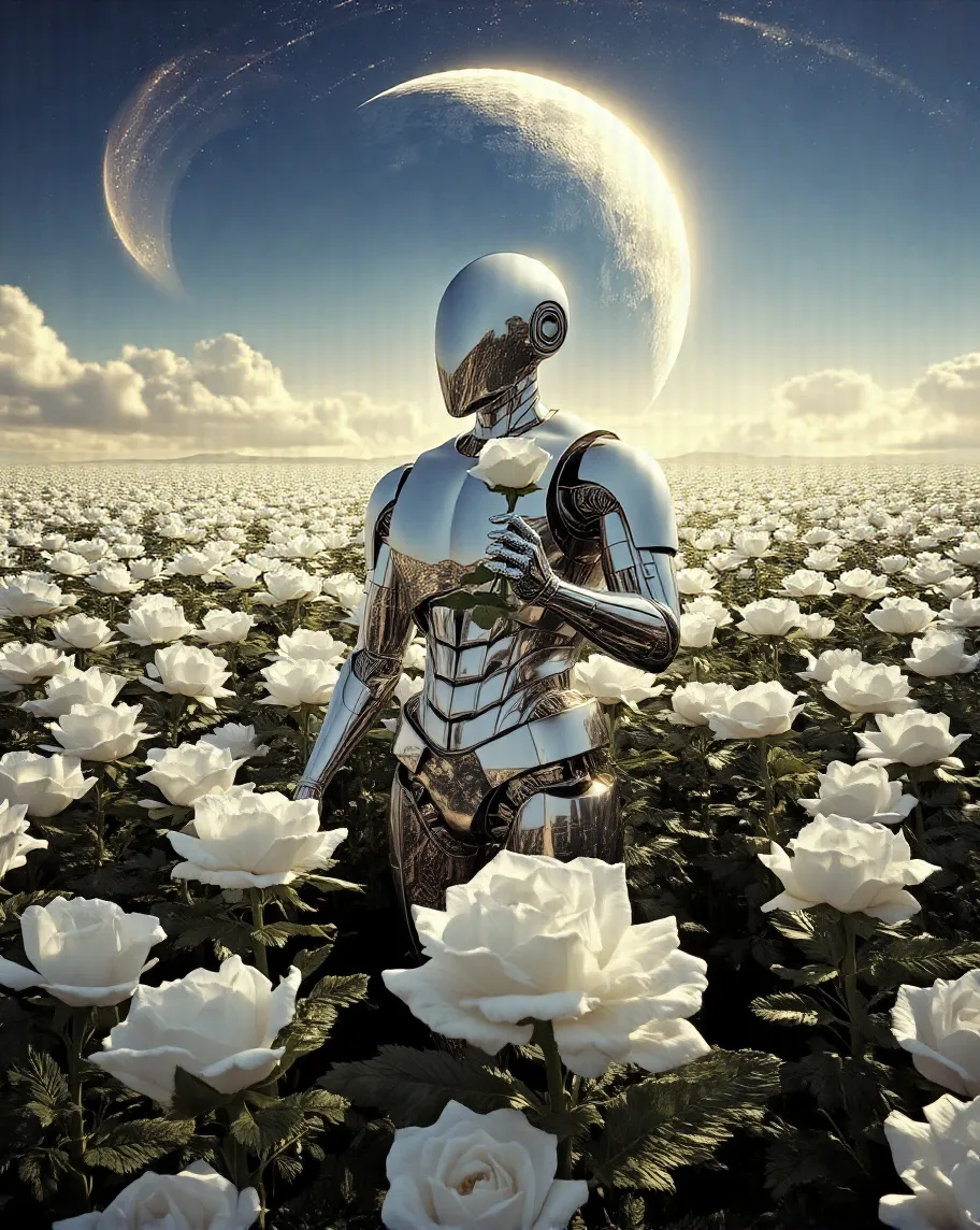A metallic humanoid robot stands - Free AI Photo Generator - starryai